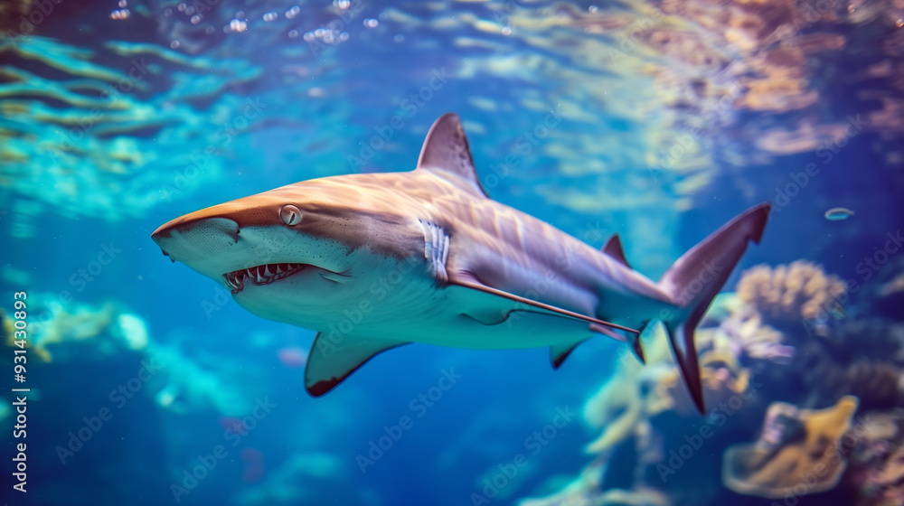 Fototapeta premium A shark swims underwater in the sea, surrounded by a brightly lit aquatic environment with corals