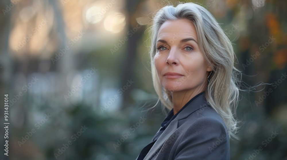 Obraz premium Portrait of middleaged business confident woman in suit posing outdoors : Generative AI