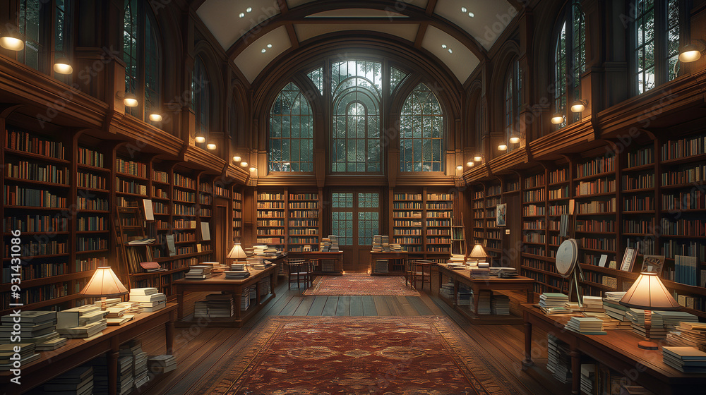 Obraz premium A large, dimly lit library with bookshelves, tables, and a window overlooking a forest