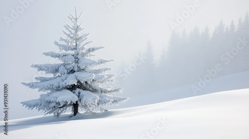 A peaceful winter scene with a lone pine tree covered in snow. The snow-dusted branches and the surrounding snow-covered ground create a tranquil and picturesque winter landscape.