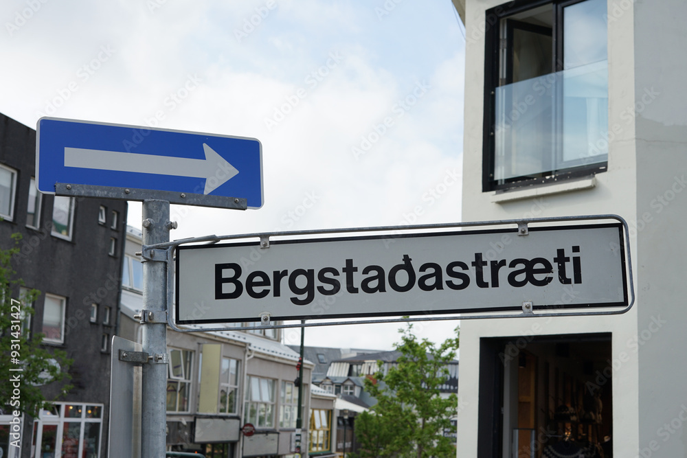 Reykjavik, Iceland - Bergstaðastræti street sign is a popular area at City Center in area Miðborg Reykjavik, Iceland - Bergstaðastræti street sign is a popular area at City Center in area Miðborg