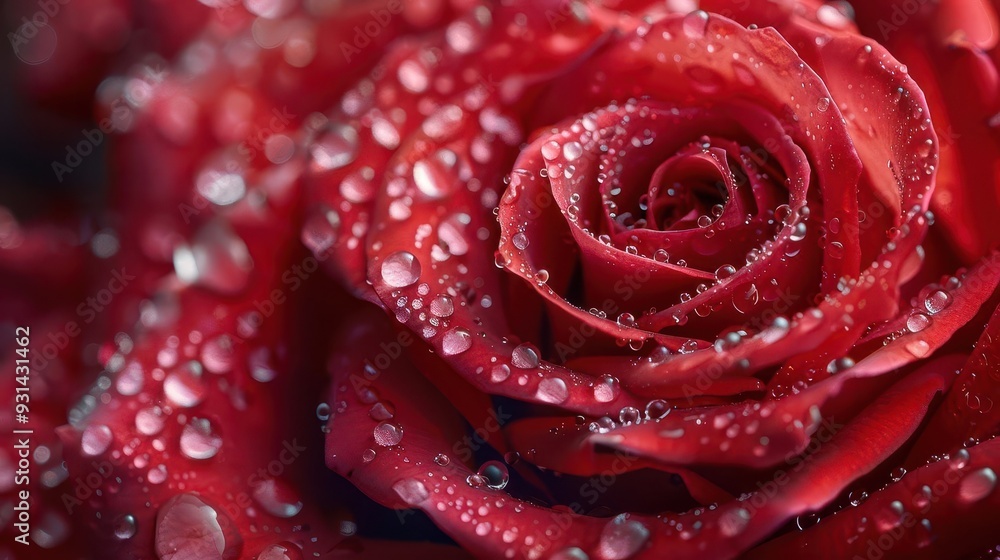 A close-up of a red rose covered in droplets of water, showcasing its vibrant color and delicate petals, perfect for romantic themes. A close-up of a red rose covered in droplets of water, showcasing its vibrant color and delicate petals, perfect for romantic themes.
