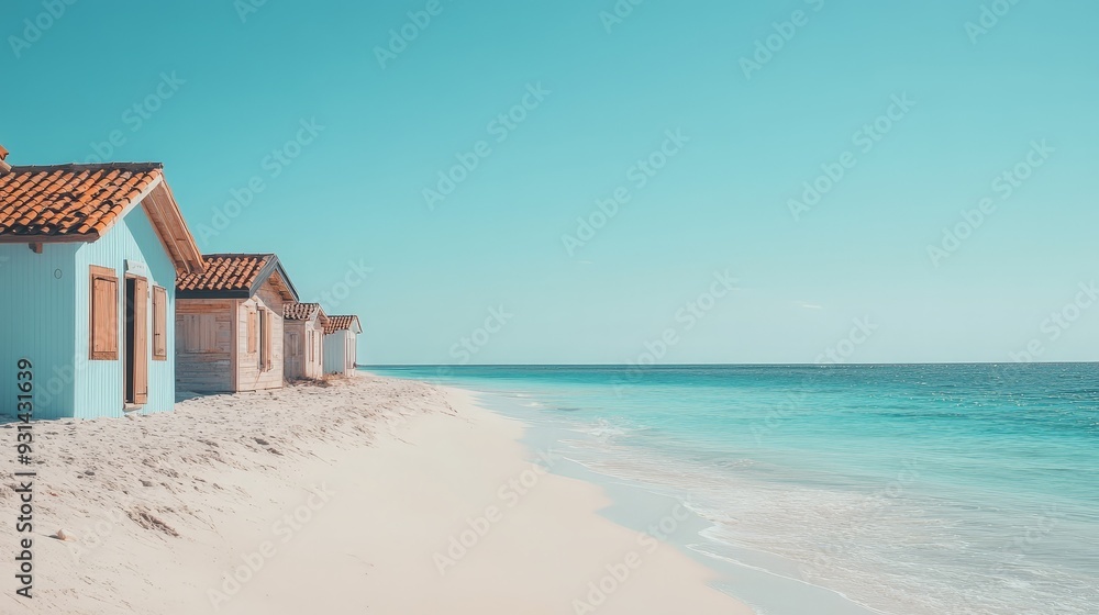 A picturesque beach with smooth, white sand and a row of cozy beach huts. The bright blue ocean and clear sky A picturesque beach with smooth, white sand and a row of cozy beach huts. The bright blue ocean and clear sky
