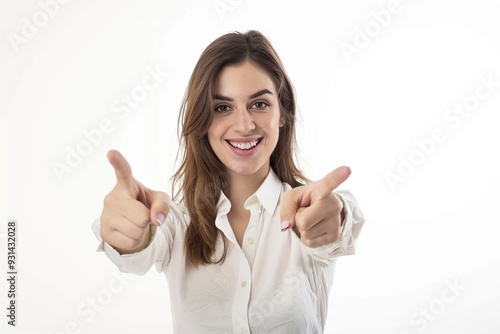 Happy woman and portrait pointing at you for business recruitment on a white background. ,generative ai