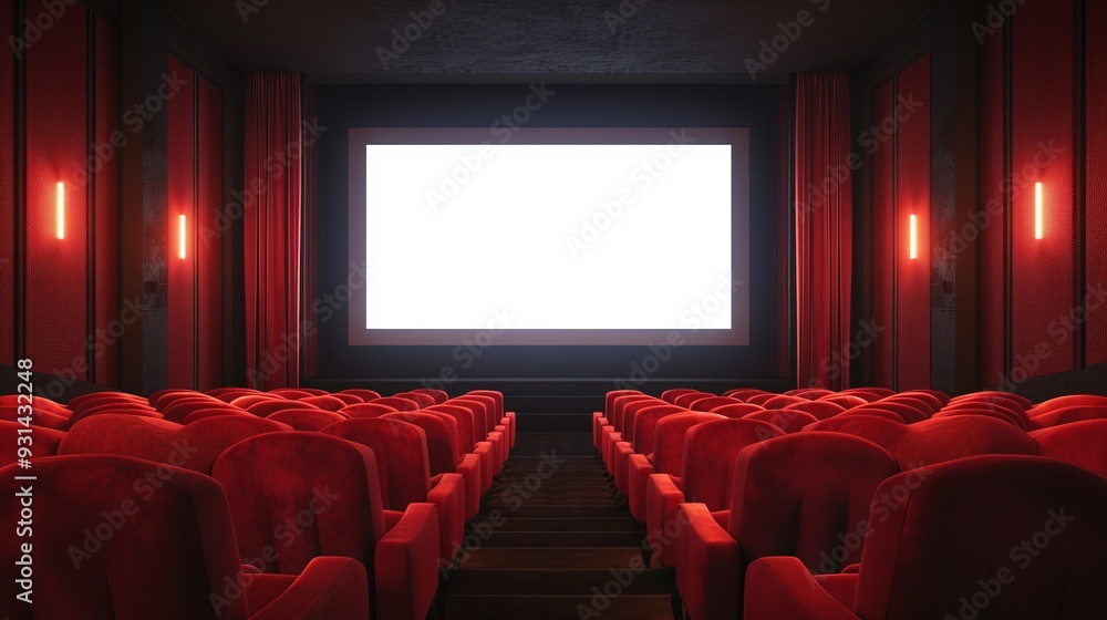 Fototapeta premium Empty cinema movie theater with blank screen and red seats.