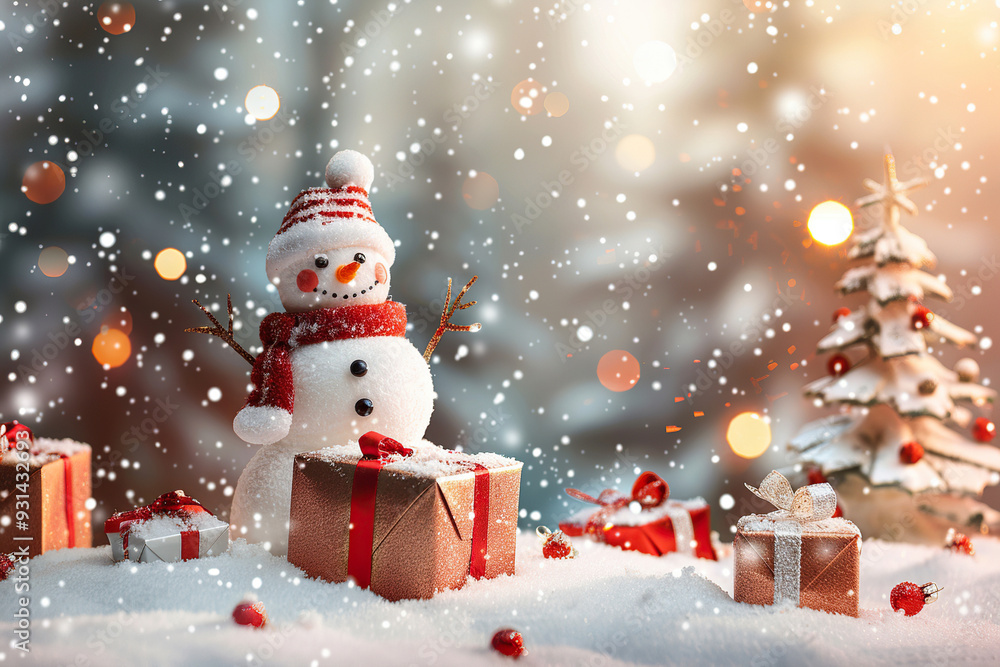 Obraz premium Christmas greeting card with bright winter holiday snowman and New Year background