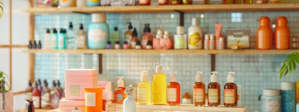 Bright retail shelf with assorted skincare and beauty products in a modern store Bright retail shelf with assorted skincare and beauty products in a modern store