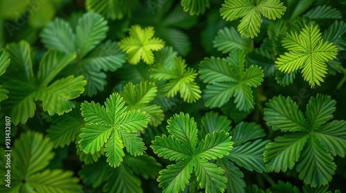 A lush arrangement of green leaves displaying intricate textures and patterns, ideal for nature-themed projects and backgrounds.