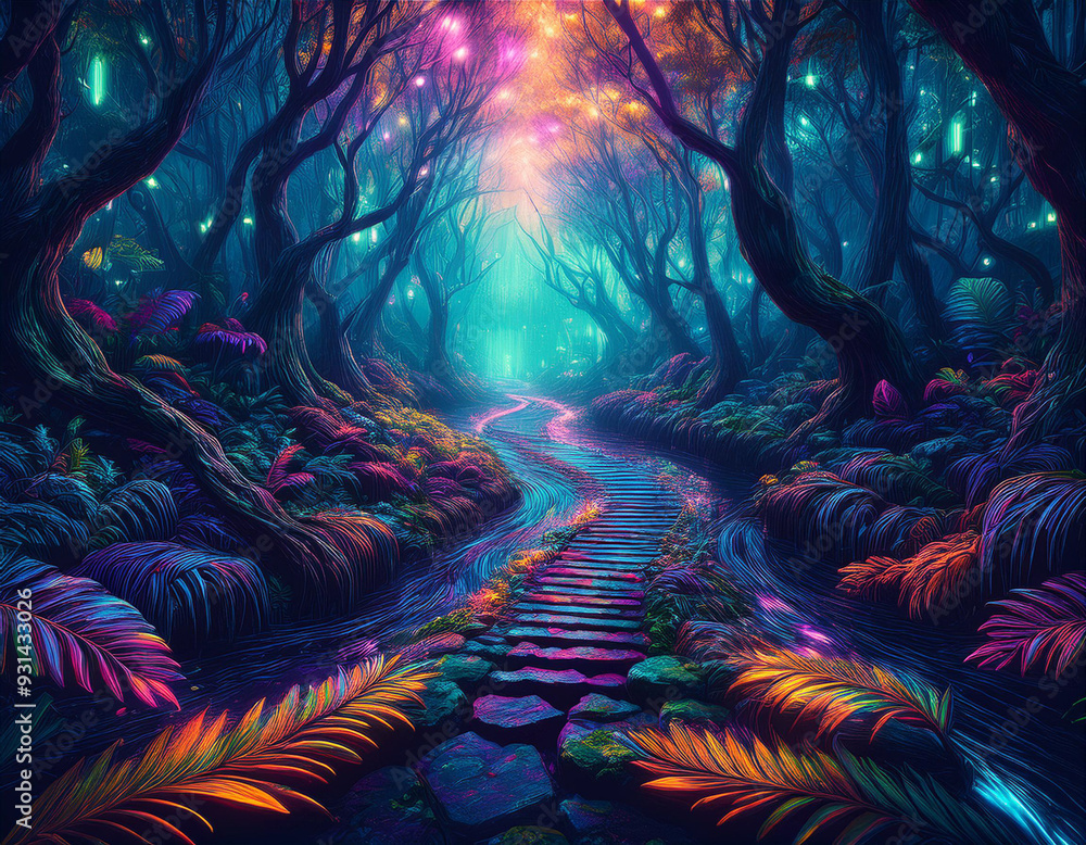 Fototapeta premium Abstract Path Through the Woods Focus on Leaf and Bark Textures in an Artistic, Nature-Inspired Design