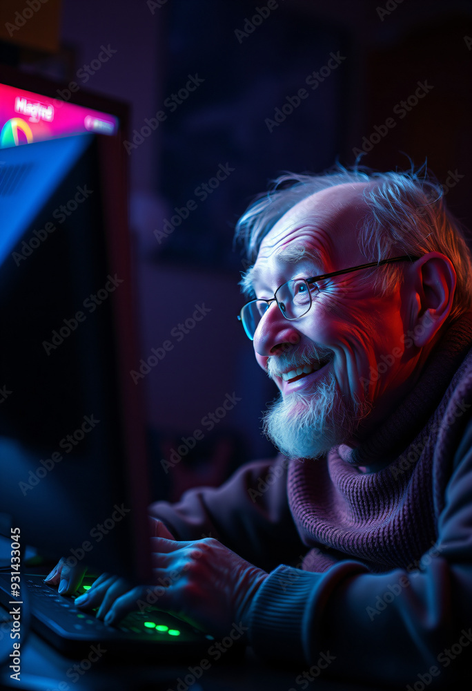 Grandpa plays games on PC. Grandpa looked at the monitor screen Grandpa plays games on PC. Grandpa looked at the monitor screen