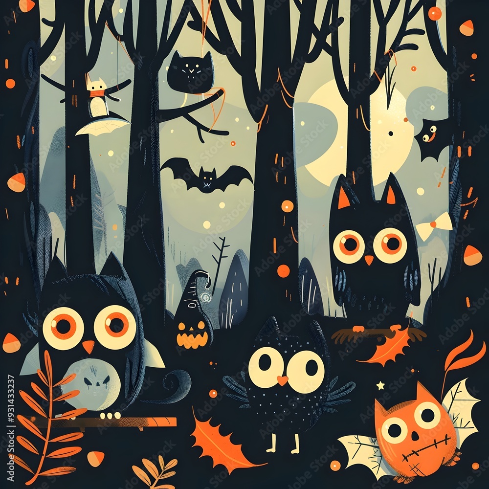 Naklejka premium Enchanting Autumn Forest with Whimsical Halloween Creatures and Spooky Scenery in Cartoon Style