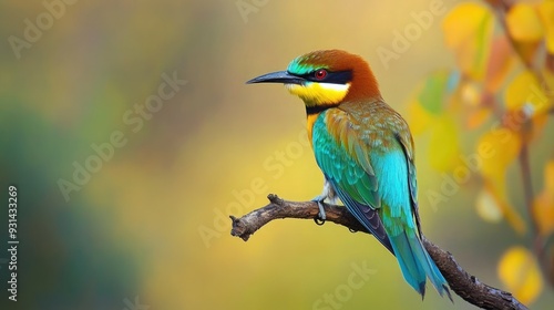 A vibrant blue-green bee-eater perched on a branch against a blurred background of green and yellow foliage.