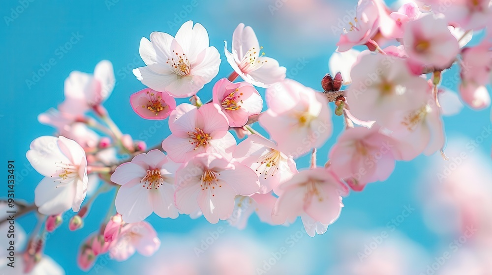Fototapeta premium Delicate cherry blossom flowers bloom against a vibrant blue sky, creating a serene and peaceful spring atmosphere.