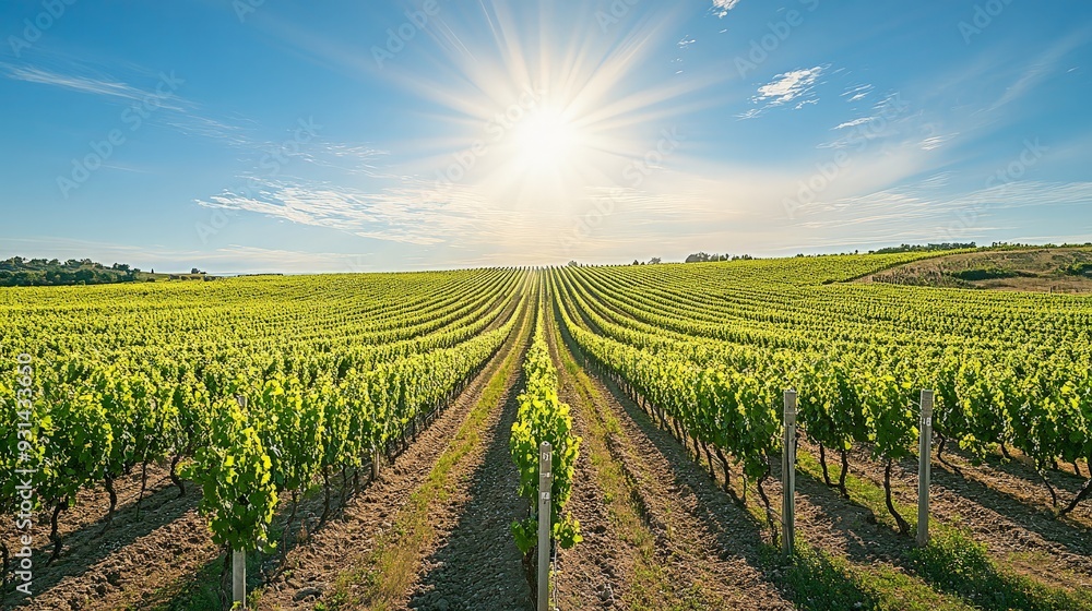 A picturesque vineyard with neatly arranged grapevines stretching towards the horizon A picturesque vineyard with neatly arranged grapevines stretching towards the horizon