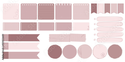 Collection of Cute Blank paper notes for to-do list, Daily and Weekly Planner. Scrapbook Stickers, different pieces of washi tape and bookmarks for scheduler or organizer
