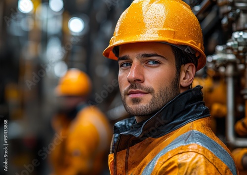 A construction worker wearing an orange hard hat and rain jacket looks confidently at the camera while another worker is blurred in the background ideal for articles on industrial safety