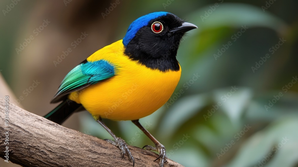 Obraz premium A vibrant yellow and blue bird perches on a branch with a blurry green background.