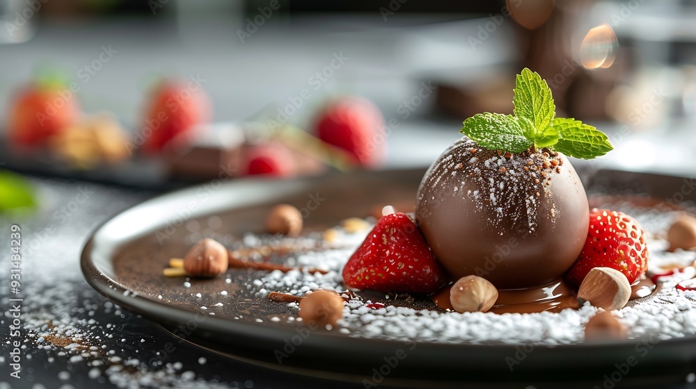 dessert black plate elegant chocolate ball nuts strawberry food fine gourmet : Generative AI dessert black plate elegant chocolate ball nuts strawberry food fine gourmet : Generative AI