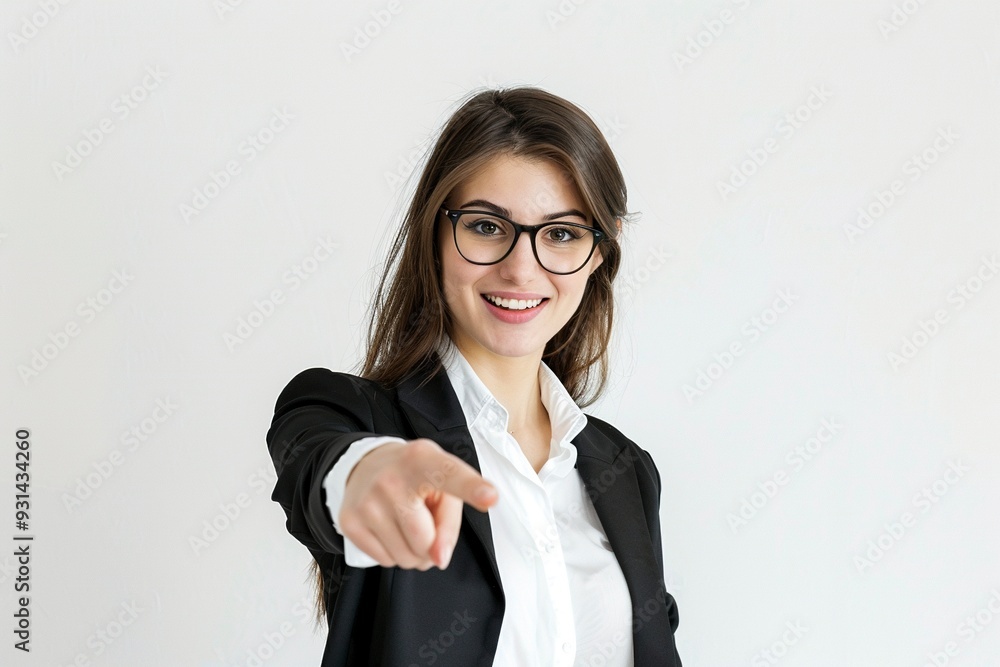 Happy woman and portrait pointing at you for business recruitment on a white background. ,generative ai Happy woman and portrait pointing at you for business recruitment on a white background. ,generative ai