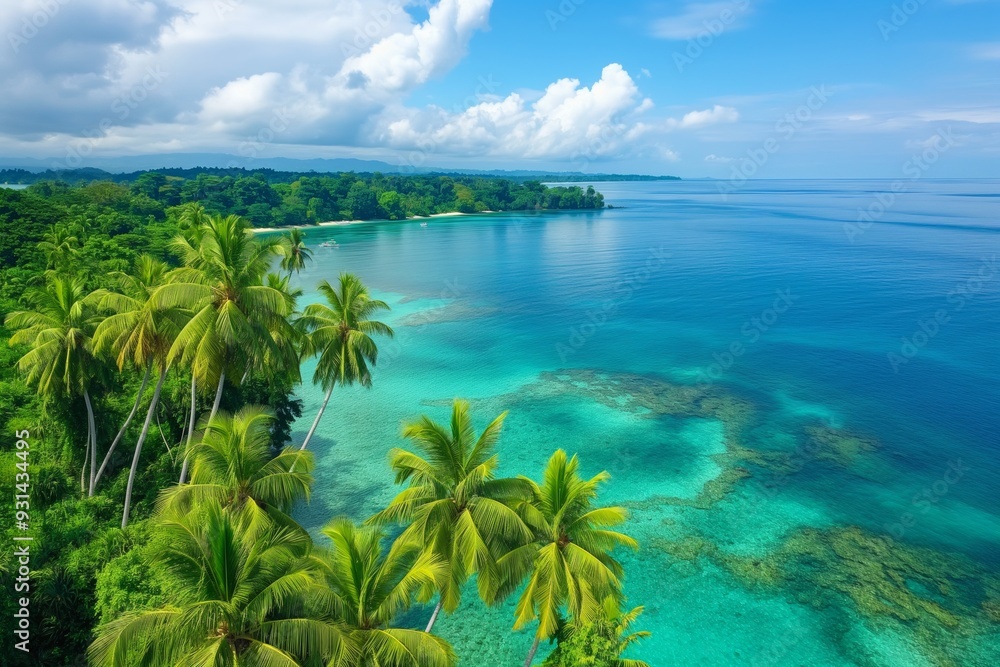 A beautiful blue ocean with palm trees in the background. The water is calm and clear, and the sky is mostly cloudy A beautiful blue ocean with palm trees in the background. The water is calm and clear, and the sky is mostly cloudy