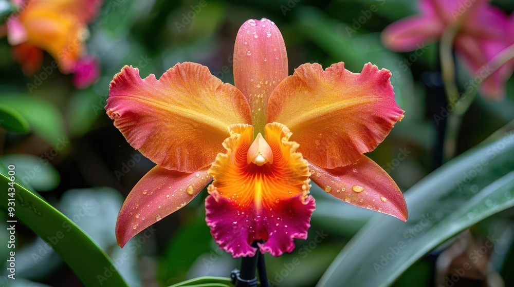 Vibrant orange orchid blossom showcasing intricate petal details and water droplets, perfect for nature and floral photography. Vibrant orange orchid blossom showcasing intricate petal details and water droplets, perfect for nature and floral photography.