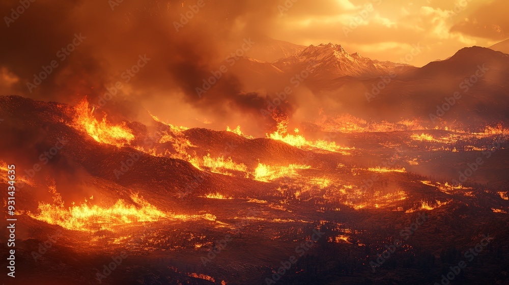 A powerful view of a wildfire sweeping across a dry, mountainous landscape. The intense flames consume the vegetation, and thick smoke rises, creating a dramatic and urgent scene. A powerful view of a wildfire sweeping across a dry, mountainous landscape. The intense flames consume the vegetation, and thick smoke rises, creating a dramatic and urgent scene.