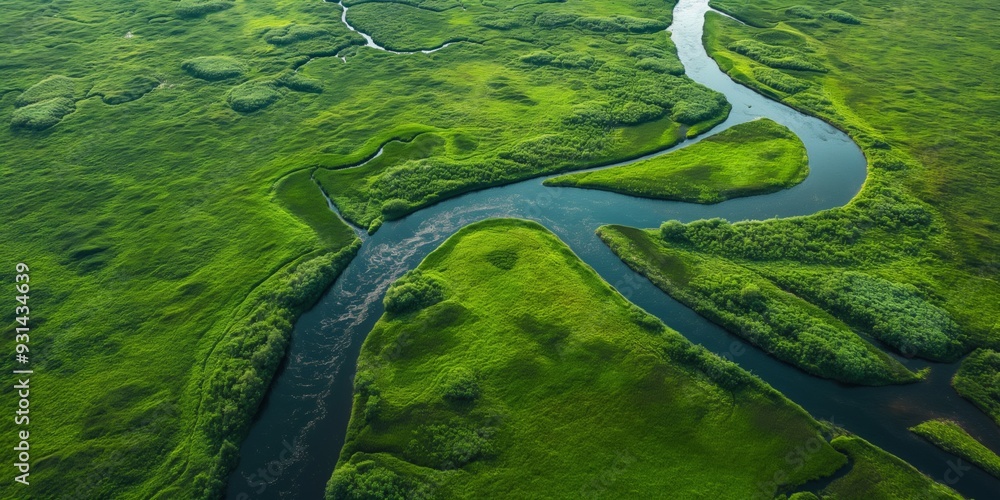 A river with green grass and trees on both sides. The river is wide and long. The scene is peaceful and serene A river with green grass and trees on both sides. The river is wide and long. The scene is peaceful and serene