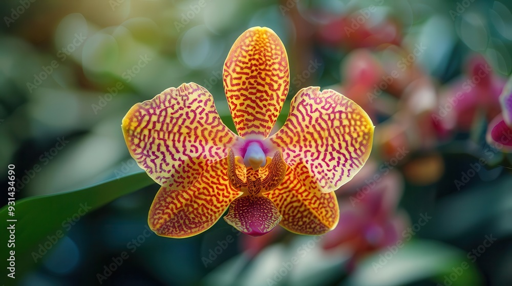 Vibrant orchid bloom showcasing intricate patterns and bright colors, set against a blurred garden background. Vibrant orchid bloom showcasing intricate patterns and bright colors, set against a blurred garden background.