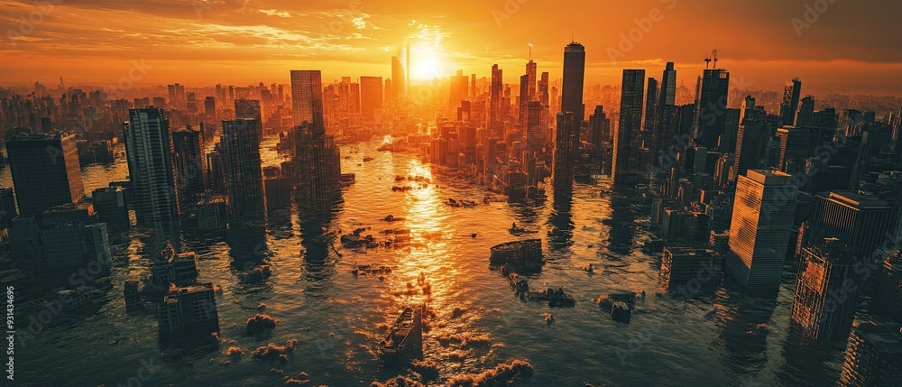 Climate crisis aftermath displayed with flooding cities collapsing ...