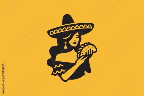 Beautiful young Mexican woman with tacos. Mexican food logo, retro emblem. Vector illustration, isolated object, icon. Yellow and black