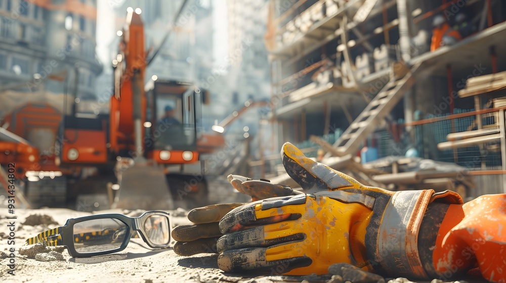 Fototapeta premium Construction Safety Equipment. Gloves, Eyewear.