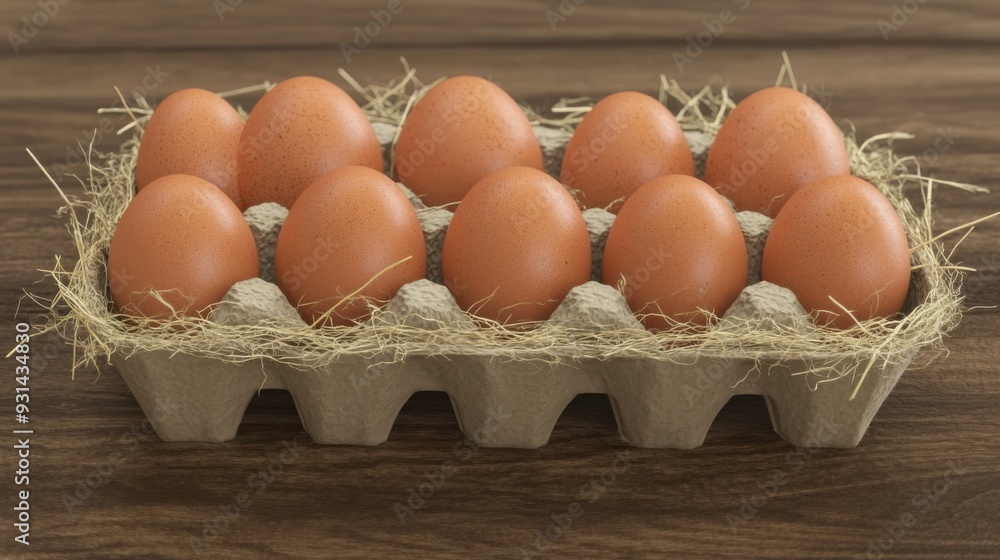 Fresh brown eggs displayed in a carton, surrounded by straw, perfect for culinary or farm-themed projects. Fresh brown eggs displayed in a carton, surrounded by straw, perfect for culinary or farm-themed projects.