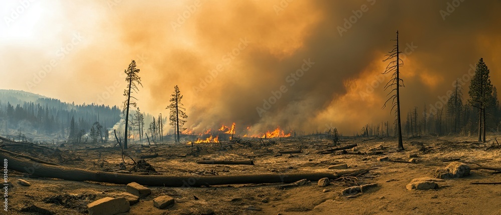 custom made wallpaper toronto digitalClimate crisis consequences shown with wildfires smoke-filled skies and destroyed habitats emphasizing the dire need for climate resilience