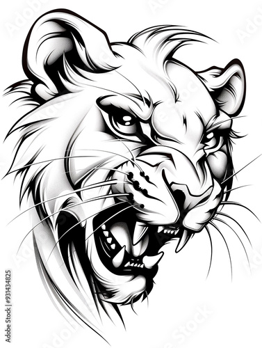 A drawing of a tiger with its mouth open and teeth bared. The tiger has a fierce and angry expression on its face photo