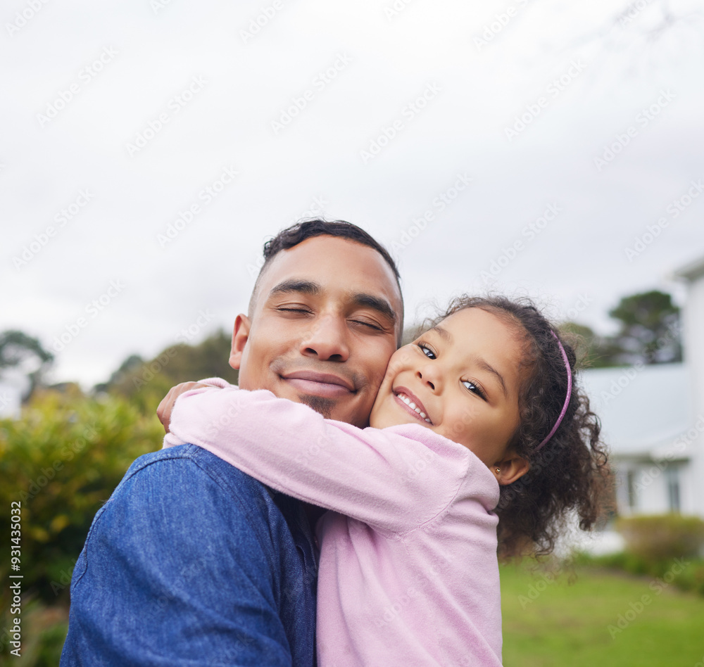 Father, happy girl and hug portrait in outdoor, support kid and trust in backyard of home. Dad, daughter and love child in garden for bonding on weekend, smile and single parent for childhood care Father, happy girl and hug portrait in outdoor, support kid and trust in backyard of home. Dad, daughter and love child in garden for bonding on weekend, smile and single parent for childhood care