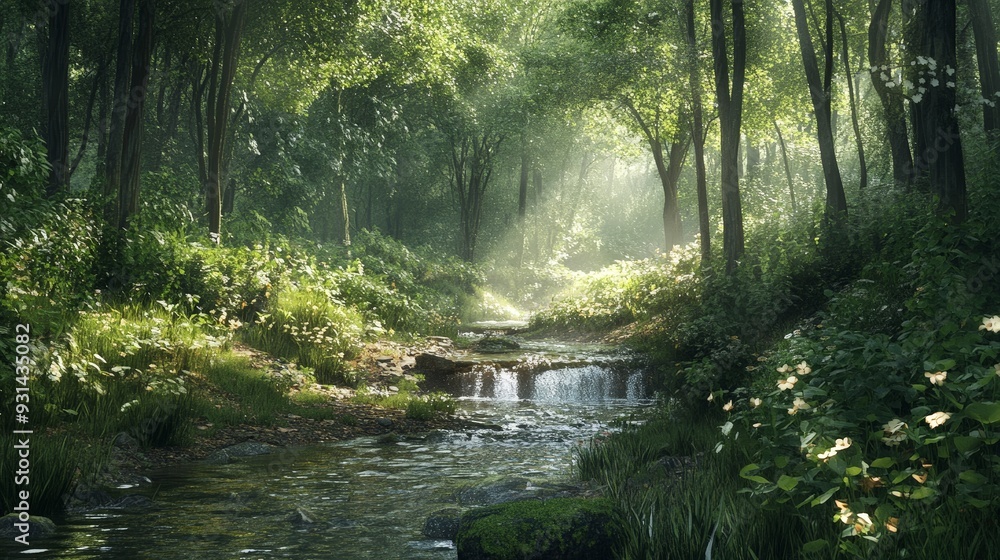 A quiet forest clearing with a small, babbling brook running through it. The gentle sound A quiet forest clearing with a small, babbling brook running through it. The gentle sound