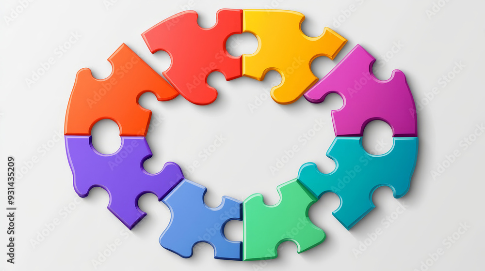A vector template featuring seven round puzzle pieces in different colors, connected to form a complete circle