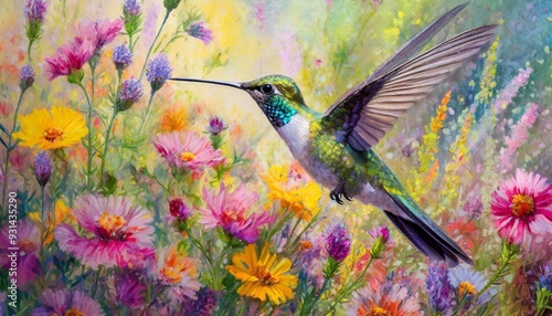 Pastel painting, hummingbird, among color wildflower, pastel painting technique, pastel texture, light blending, intricate details, soft, vibrant.and all view best 
