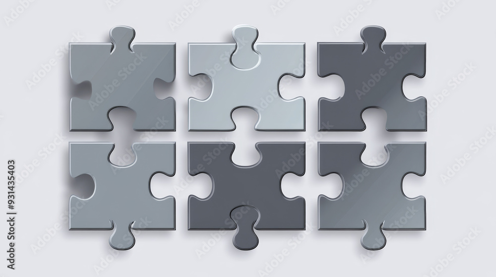 Six grey pieces of a flat puzzle form a rectangular infographic presentation. This business diagram visually represents interconnected elements or steps in a process.
Six grey pieces of a flat puzzle form a rectangular infographic presentation. This business diagram visually represents interconnected elements or steps in a process.