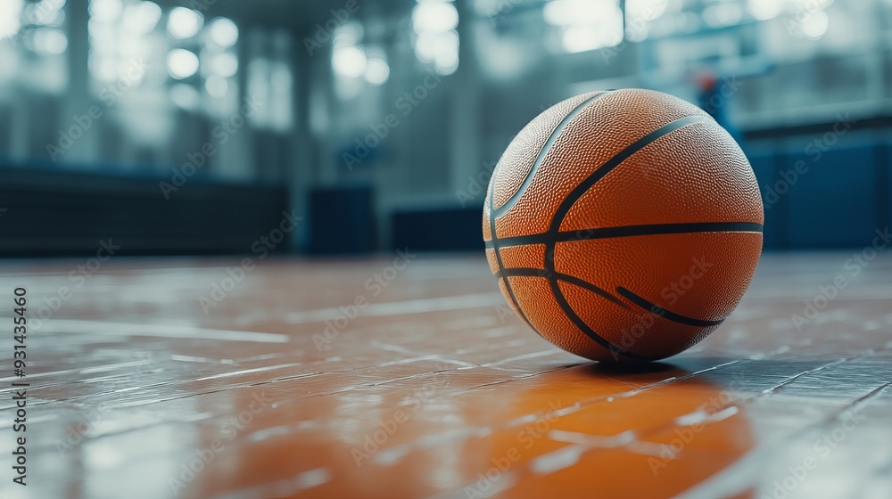 Close-up image of basketball ball over floor in the gym. Orange basketball ball on wooden parquet Close-up image of basketball ball over floor in the gym. Orange basketball ball on wooden parquet