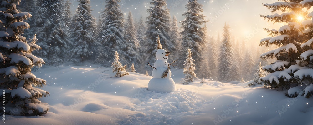 Peaceful and serene Christmas scene with a decorated Christmas tree with gifts presents and a cute snowman in a snowy forest Peaceful and serene Christmas scene with a decorated Christmas tree with gifts presents and a cute snowman in a snowy forest