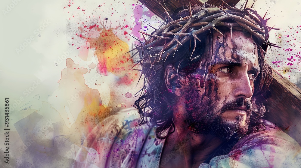 A dramatically intense depiction of a wounded man with a crown of thorns, struggling to carry a heavy wooden cross, symbolizing immense suffering and sacrifice in rich colors. A dramatically intense depiction of a wounded man with a crown of thorns, struggling to carry a heavy wooden cross, symbolizing immense suffering and sacrifice in rich colors.