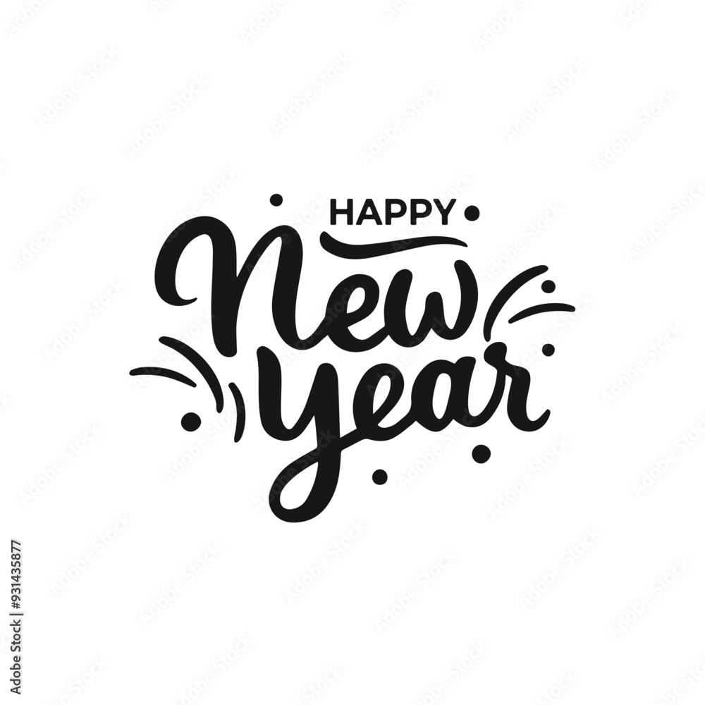 Happy New Year, vector black text isolated on white background.