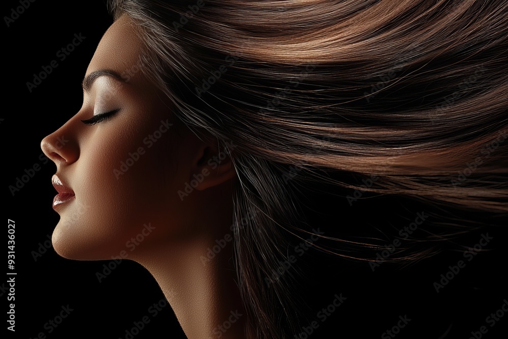 On a dark background, an elegant side profile of a young woman with flowing brunette hair and flawless skin is depicted On a dark background, an elegant side profile of a young woman with flowing brunette hair and flawless skin is depicted