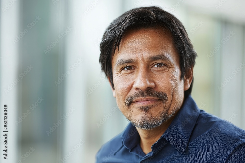 Obraz premium In this close-up portrait, you see a confident middle-aged Indian or Latin American businessman in a suit sitting in a formal setting. A beautiful Hispanic senior businessman smiles at the camera.