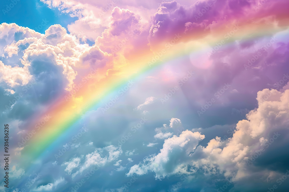 Generative ai on theme of beautiful tranquil landscape with magical bright rainbow at cloudy sky Generative ai on theme of beautiful tranquil landscape with magical bright rainbow at cloudy sky