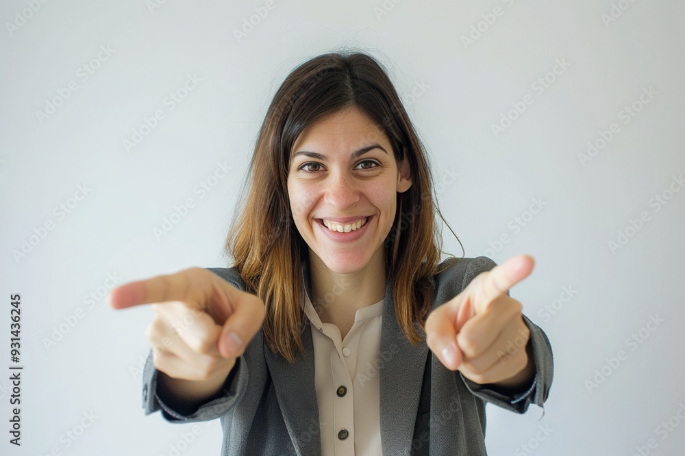 Happy woman and portrait pointing at you for business recruitment on a white background. ,generative ai Happy woman and portrait pointing at you for business recruitment on a white background. ,generative ai
