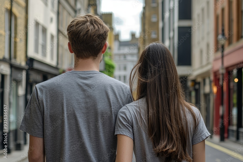A young couple walks together in an urban street from the back A young couple walks together in an urban street from the back