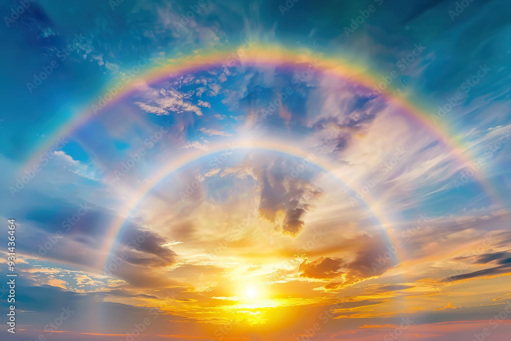 Generative ai on theme of beautiful tranquil landscape with magical bright rainbow at cloudy sky Generative ai on theme of beautiful tranquil landscape with magical bright rainbow at cloudy sky