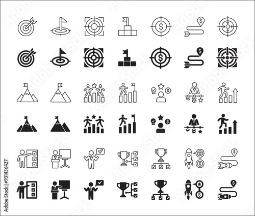 Target icon set. Goals and achievement icons set. Business and management icon collection. Vector stock illustration thin line style. Contains symbols of rocket, businessman, podium, trophy and reward